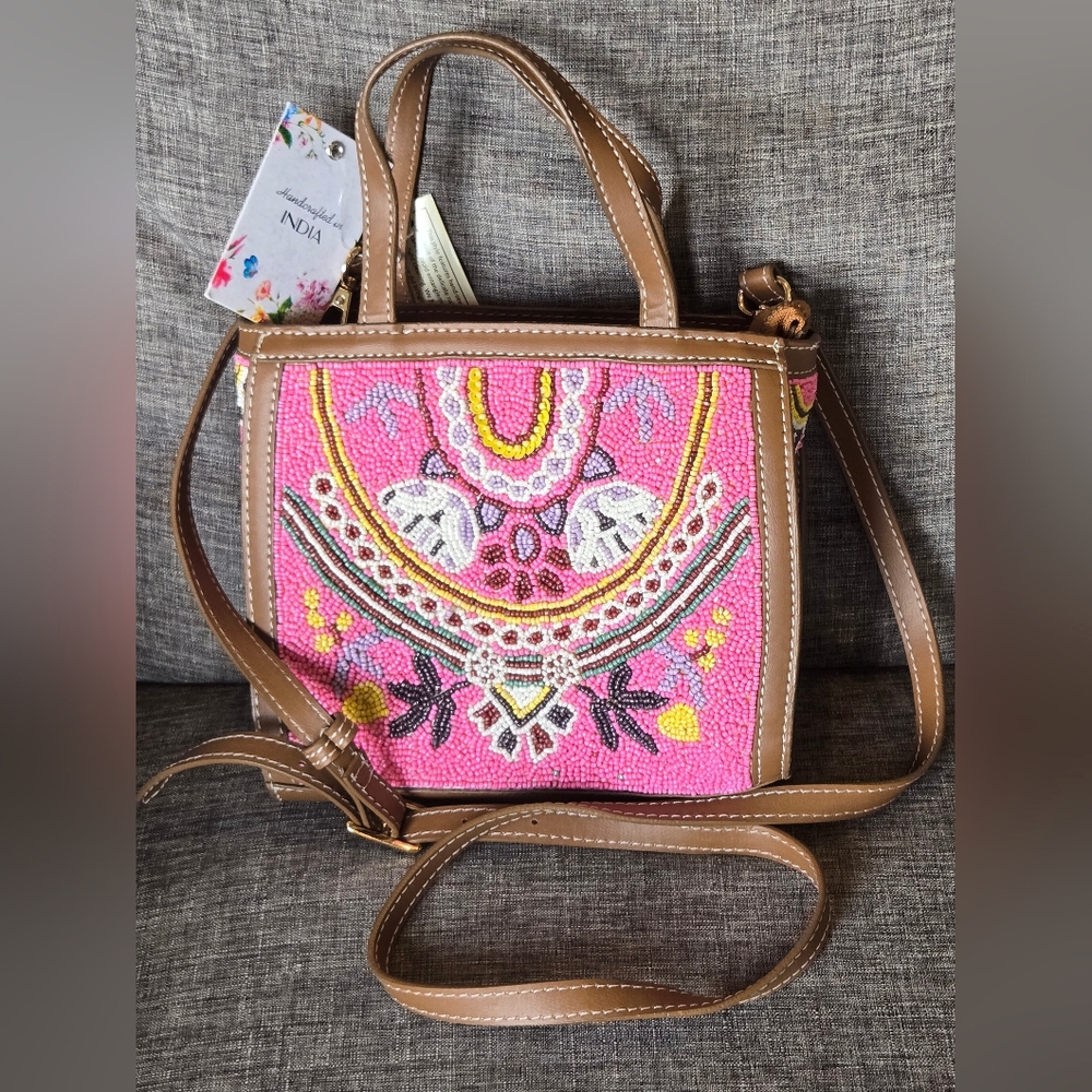 Viral Handmade Pink Beaded Tote Bag Crossbody Purse With Leather Straps NWT - Picture 10 of 11